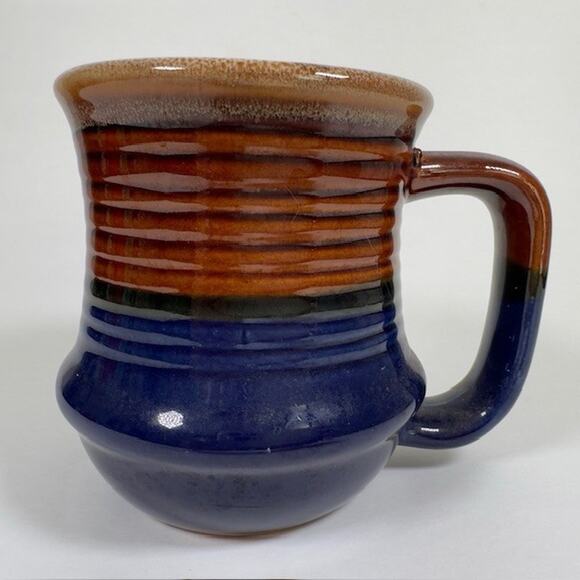 Classic Handmade Stoneware Drip Glaze Mug Brown Blue 1970s Ribbed Texture VTG - Picture 2 of 12